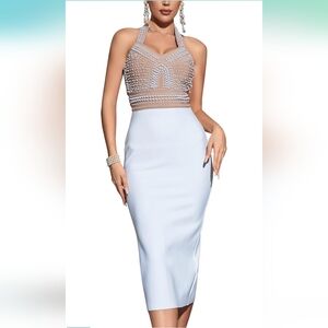 Elegant Pearl Embellished Midi Bandage Dress - White Size L